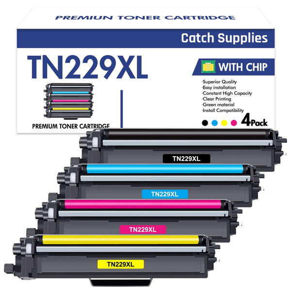 Compatible Brother TN229XL TN-229XL High Yield Toner Cartridges, 4-Pack, with Chips, Black, Cyan, Magenta, Yellow, for HL-L3220CDW HL-L3280CDW MFC-L3720CDW MFC-L3780CDW Printers