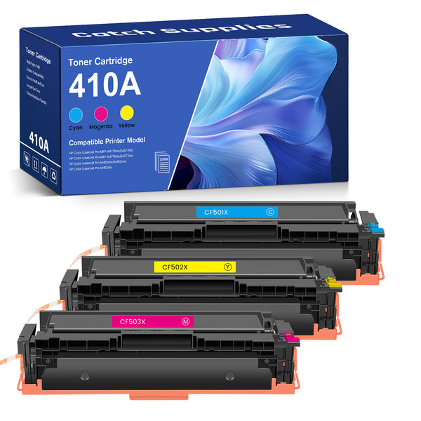 Compatible HP 410A Color Toner Cartridges CF411A CF412A CF413A, Cyan, Magenta & Yellow, Standard Yield, 3-Pack, for HP M452dn, M477fdn, M477fdw
