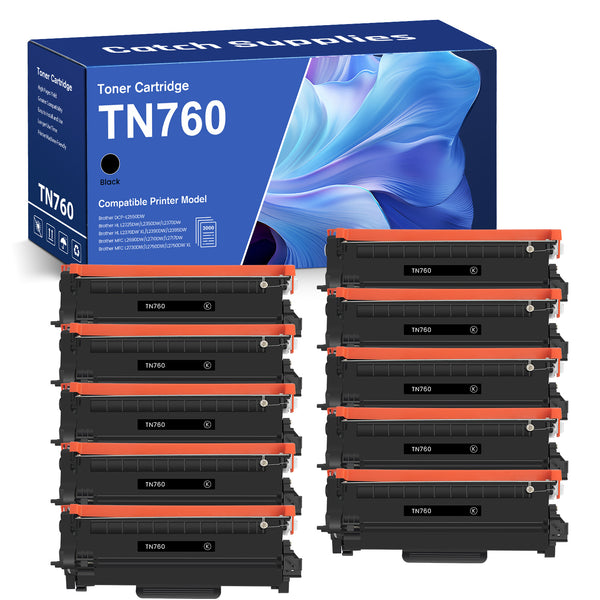 Compatible Brother TN760 Toner Cartridges, Black, High Yield, 10-Pack, for Brother DCP-L2550DW, HL-L2350DW, MFC-L2710DW
