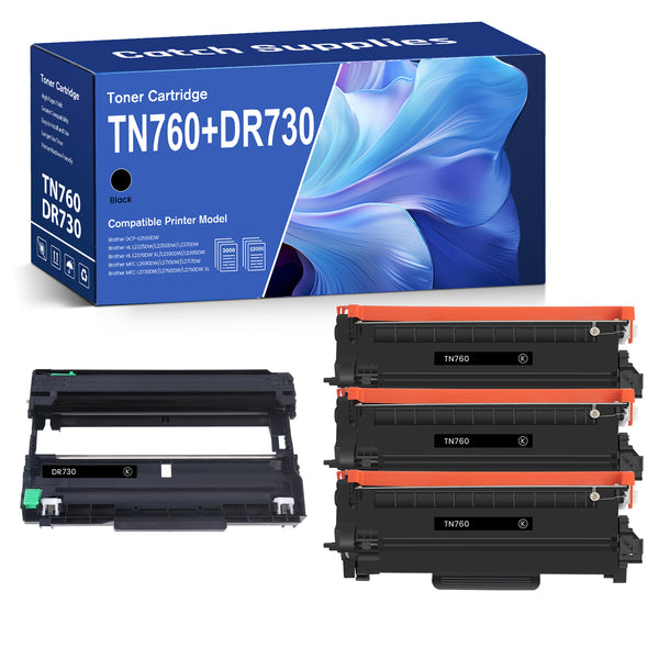 Compatible Brother TN760 Toner & DR730 Drum Unit, 4-Pack, 3 High-Yield Black Toners + 1 Drum, for Brother DCP-L2550DW, HL-L2350DW, MFC-L2710DW