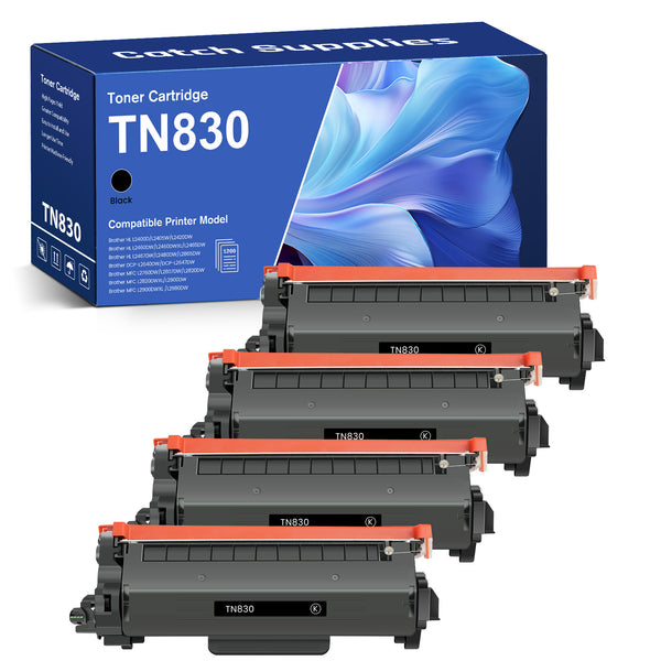 Compatible Brother TN830 Black Toner Cartridges with Chips, Standard Yield, 4-Pack, for Brother HL-L2405W, HL-L2460DW, DCP-L2640DW, MFC-L2820DW