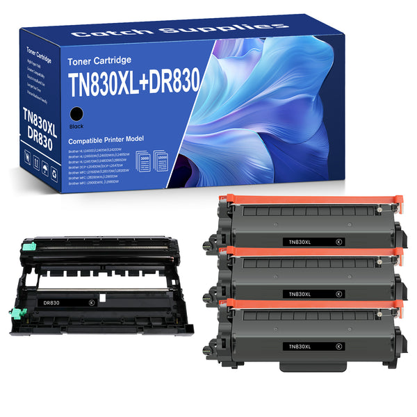 Compatible Brother TN830XL Black Toner Cartridges with Chips & DR830 Drum Unit, High Yield, 4-Pack, 3 Toners + 1 Drum, for Brother HL-L2405W, HL-L2460DW, DCP-L2640DW, MFC-L2820DW