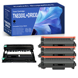 Compatible Brother TN830XL Black Toner Cartridges with Chips & DR830 Drum Unit, High Yield, 4-Pack, 3 Toners + 1 Drum, for Brother HL-L2405W, HL-L2460DW, DCP-L2640DW, MFC-L2820DW